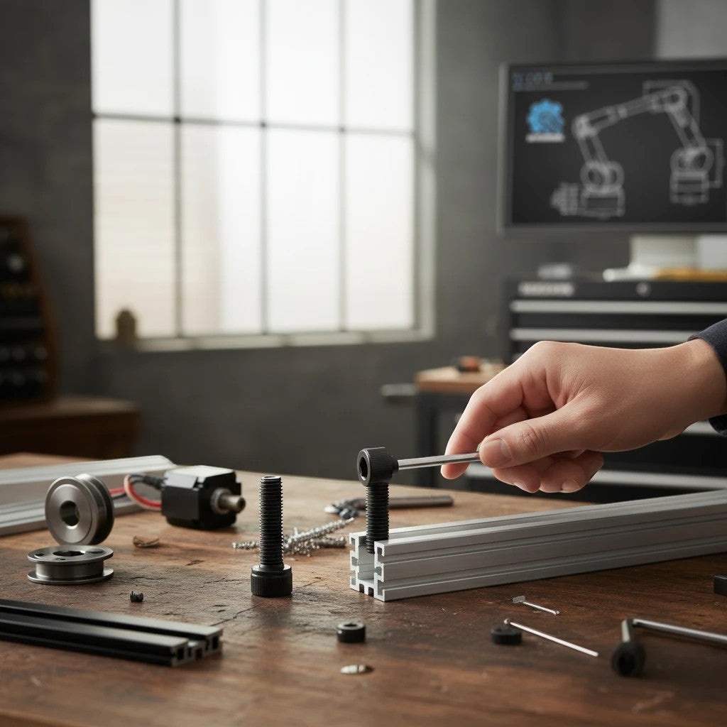 DIY AUTOMATIONS M8x20 black alloy steel socket head cap screw being installed into aluminum extrusion with hex key.