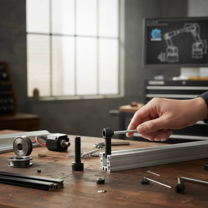 DIY AUTOMATIONS M8x20 black alloy steel socket head cap screw being installed into aluminum extrusion with hex key.