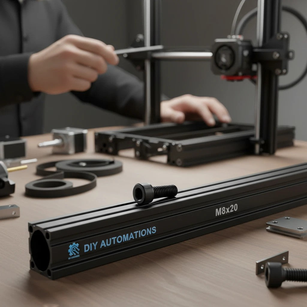 DIY AUTOMATIONS black alloy steel M8x20 socket head cap screw on a workbench with mechanical assembly components.