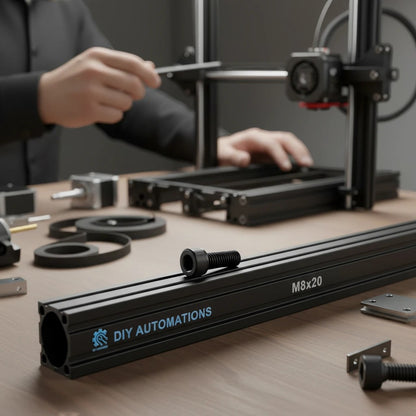 DIY AUTOMATIONS black alloy steel M8x20 socket head cap screw on a workbench with mechanical assembly components.