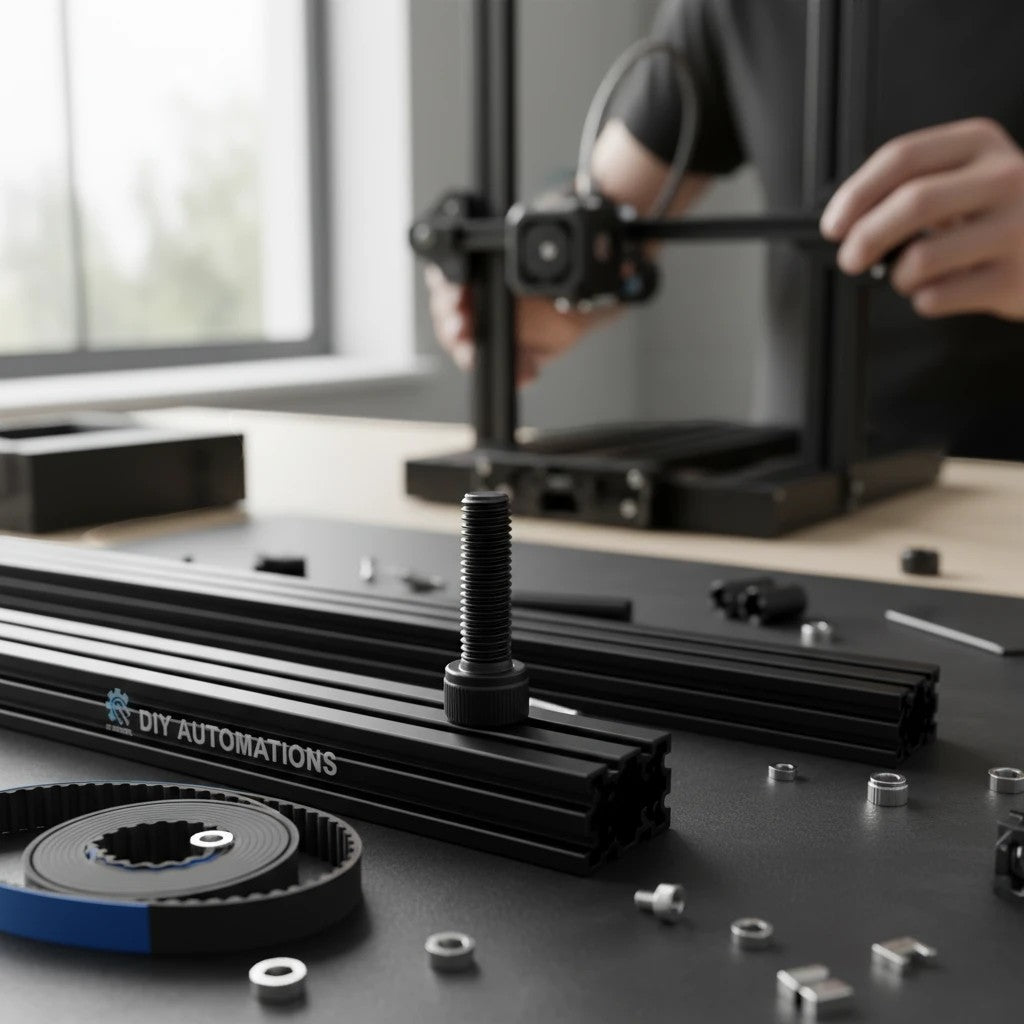 DIY AUTOMATIONS black M8x25 socket head screw on a workbench with 3D printer parts and assembly tools.