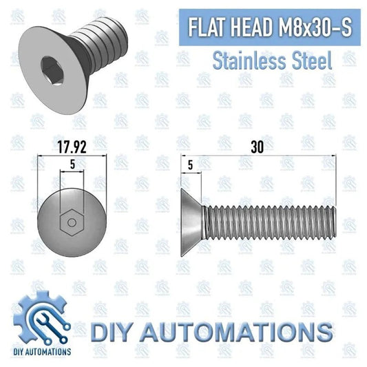 DIY Automations silver stainless steel M8x30 flat head countersunk screw with hex socket drive.