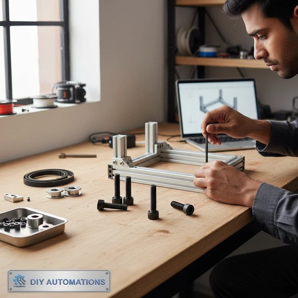 DIY AUTOMATIONS black M8x30 socket head screw being used by a technician to assemble an aluminum frame project.