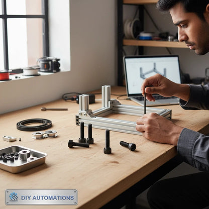 DIY AUTOMATIONS black M8x30 socket head screw being used by a technician to assemble an aluminum frame project.
