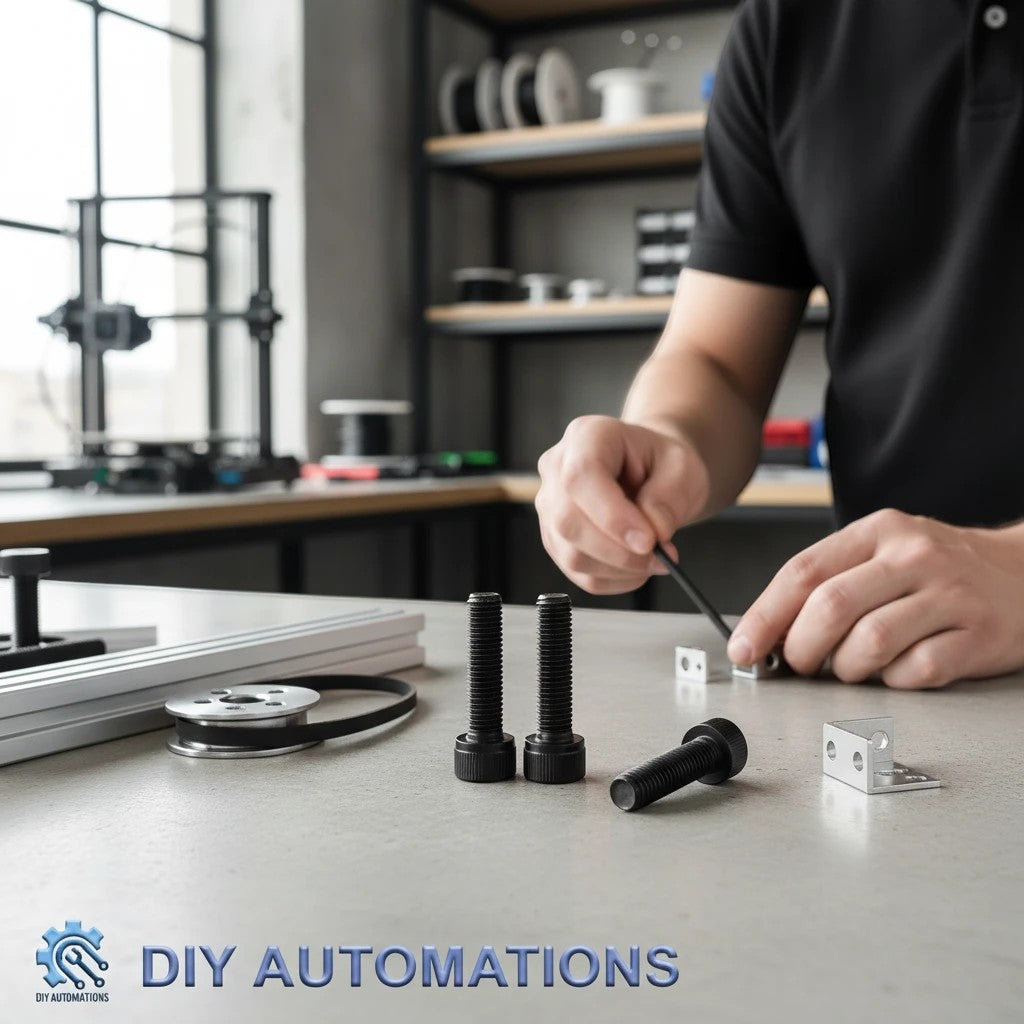 DIY AUTOMATIONS black M8x30 socket head screws on a workbench with a person assembling mechanical parts.