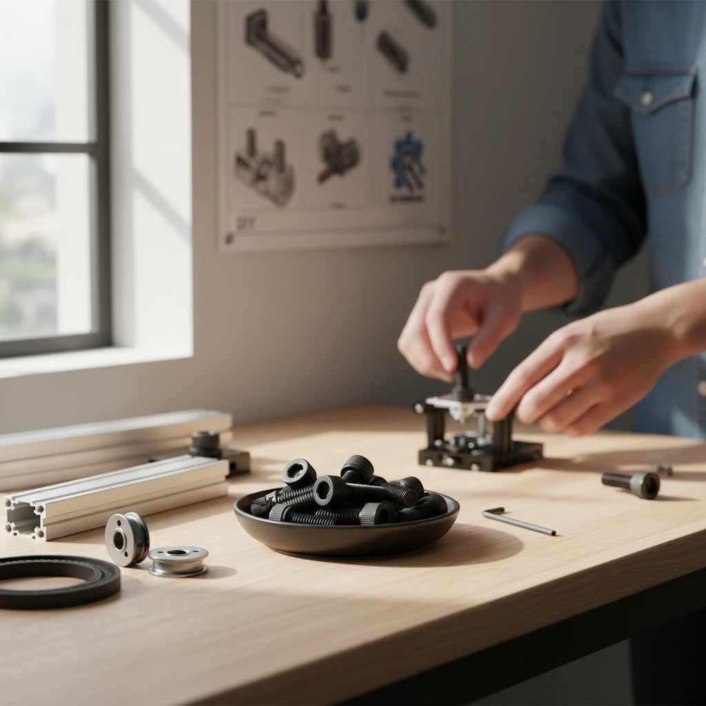 DIY AUTOMATIONS M8x35 black oxide socket head cap screws in a bowl on a workbench with assembly tools and components.