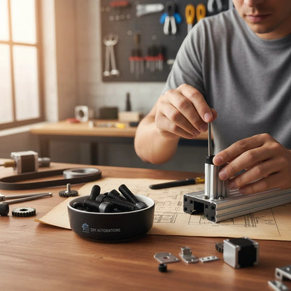 DIY AUTOMATIONS M8x35 black oxide socket head cap screw in a bowl on a workbench with a person assembling machinery.