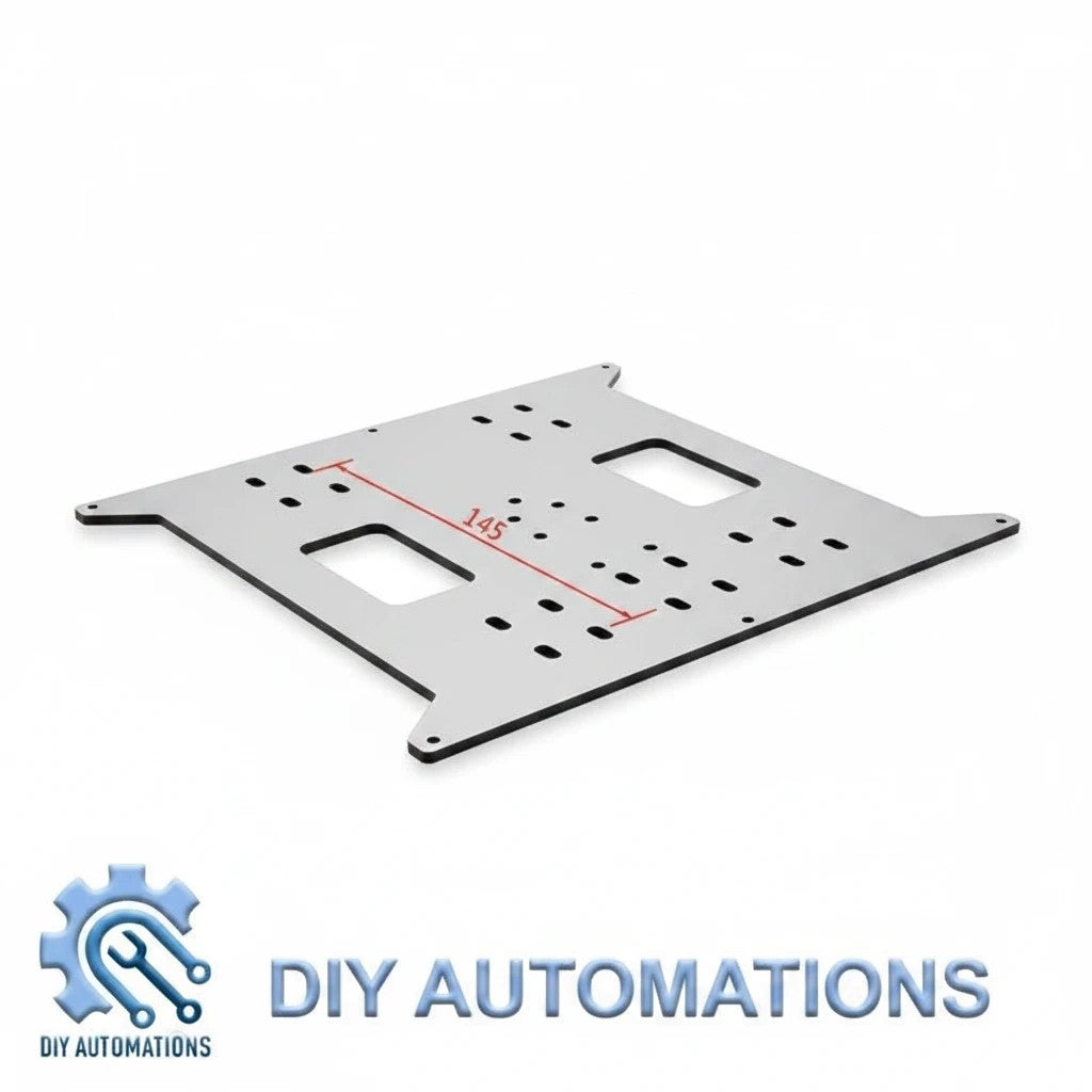 DIY AUTOMATIONS 200mm x 200mm metal carriage mounting plate with pre-drilled holes for CNC and robotics projects.