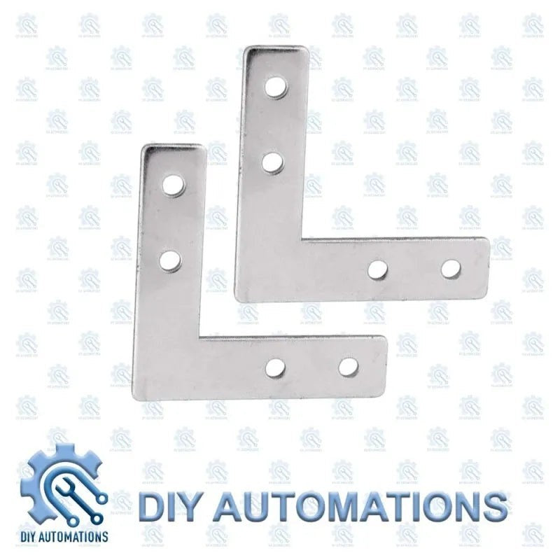 DIY Automations silver metal L-shaped corner bracket with 3 holes on each leg, used for joining extrusions.