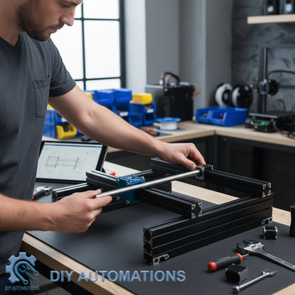 DIY Automations 13x1000mm metal rod being assembled into a black aluminum frame structure.