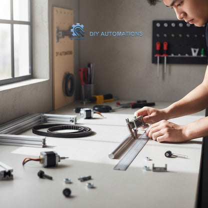 DIY AUTOMATIONS 8mm diameter metal rod, 1000mm length, being measured with a caliper and ruler on a workbench.