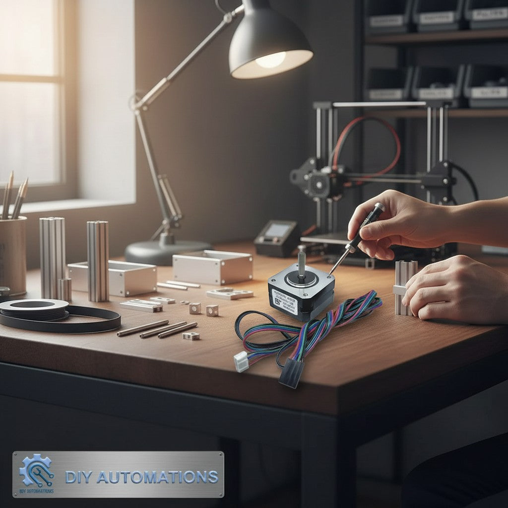 DIY Automations NEMA 17 stepper motor with colorful wires on a workbench with 3D printer parts.