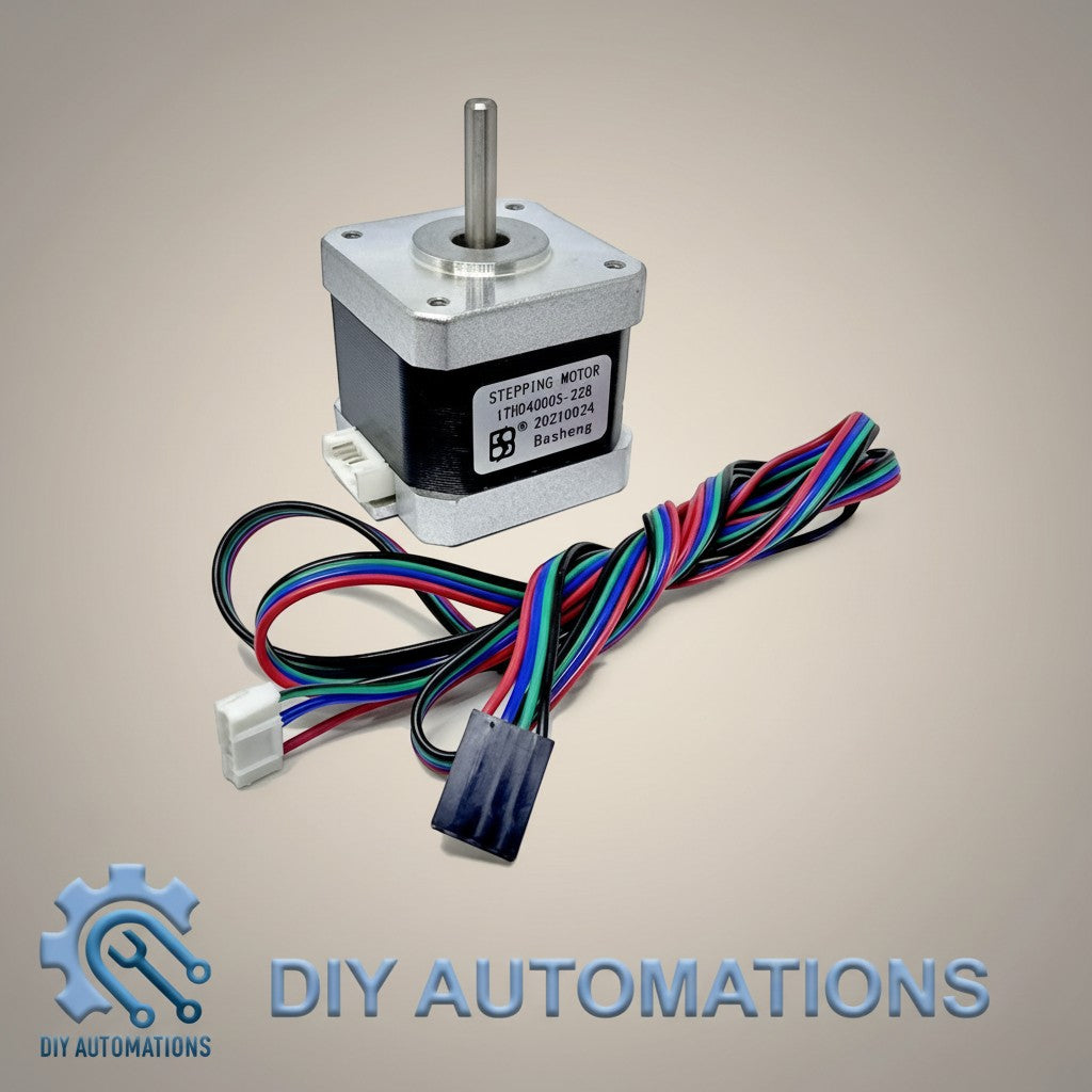 DIY AUTOMATIONS Nema 17 stepper motor with 42x40mm dimensions and 1.5A current rating, featuring a silver metal casing and black body with multi-colored wires.