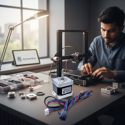 DIY AUTOMATIONS NEMA 17 stepper motor with wires, used in 3D printer assembly by a technician.