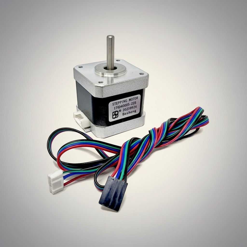 DIY AUTOMATIONS Nema 17 stepper motor with silver shaft and black body, includes multi-colored wire harness.