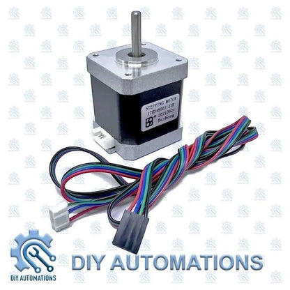 DIY AUTOMATIONS NEMA 17 stepper motor with aluminum alloy casing and multi-colored wiring harness for 3D printers.