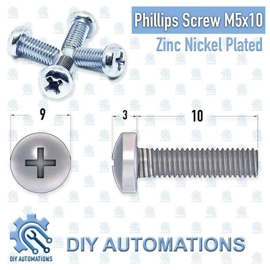 DIY AUTOMATIONS M5x10 zinc nickel plated Phillips head machine screw with dimensions shown.