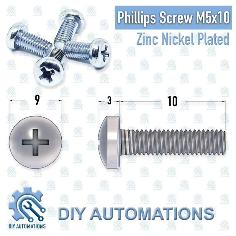 DIY AUTOMATIONS M5x10 zinc nickel plated Phillips head machine screw with dimensions shown.