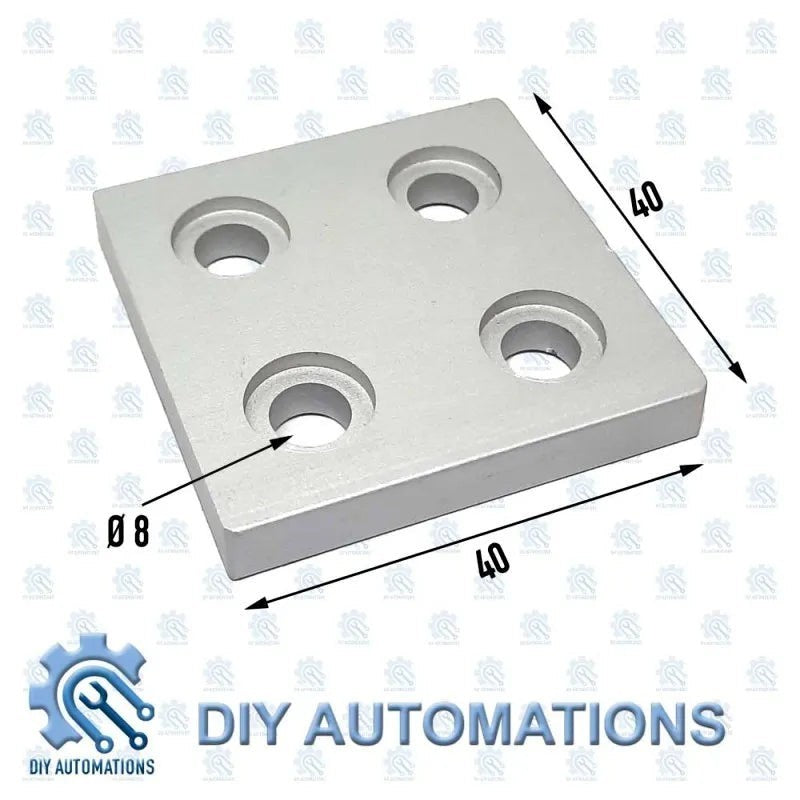 DIY Automations silver 40x40mm aluminum extrusion end cap with four 8mm holes.