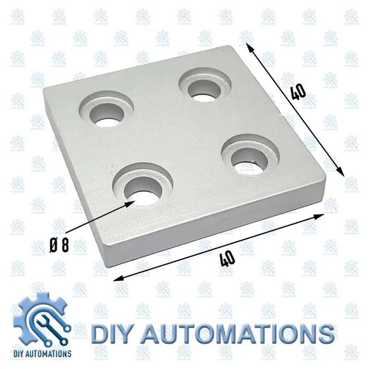 DIY Automations silver 40x40mm aluminum extrusion end cap with four 8mm holes.