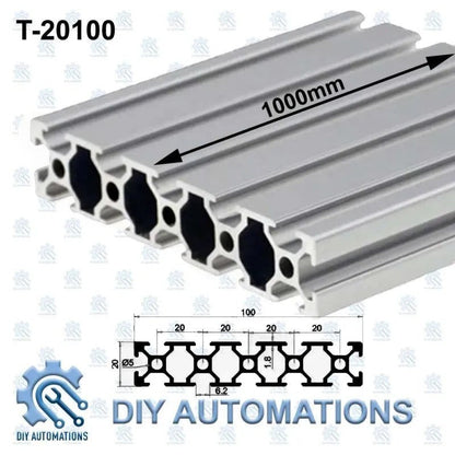 DIY Automations silver T-20100 aluminium T-slot profile, 1000mm length, with detailed technical drawing.