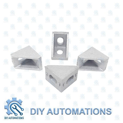 DIY AUTOMATIONS silver aluminum corner brackets for 20x20 modular framing. L-shaped with two holes for secure connections.