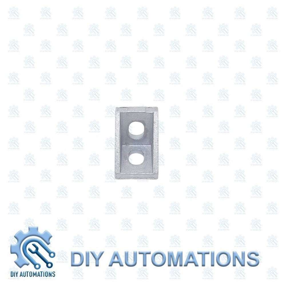 DIY Automations silver aluminum corner bracket for 20x20 modular framing, L-shaped with two holes.