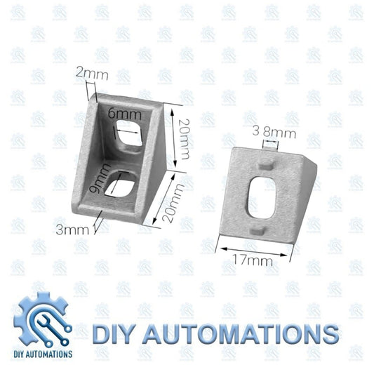 DIY AUTOMATIONS silver aluminum 20x20mm L-shaped corner bracket with two holes for modular framing.
