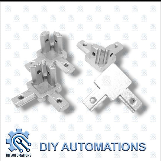 DIY AUTOMATIONS silver aluminum 3-way corner connector bracket for 20mm extrusions. Durable and corrosion-resistant.