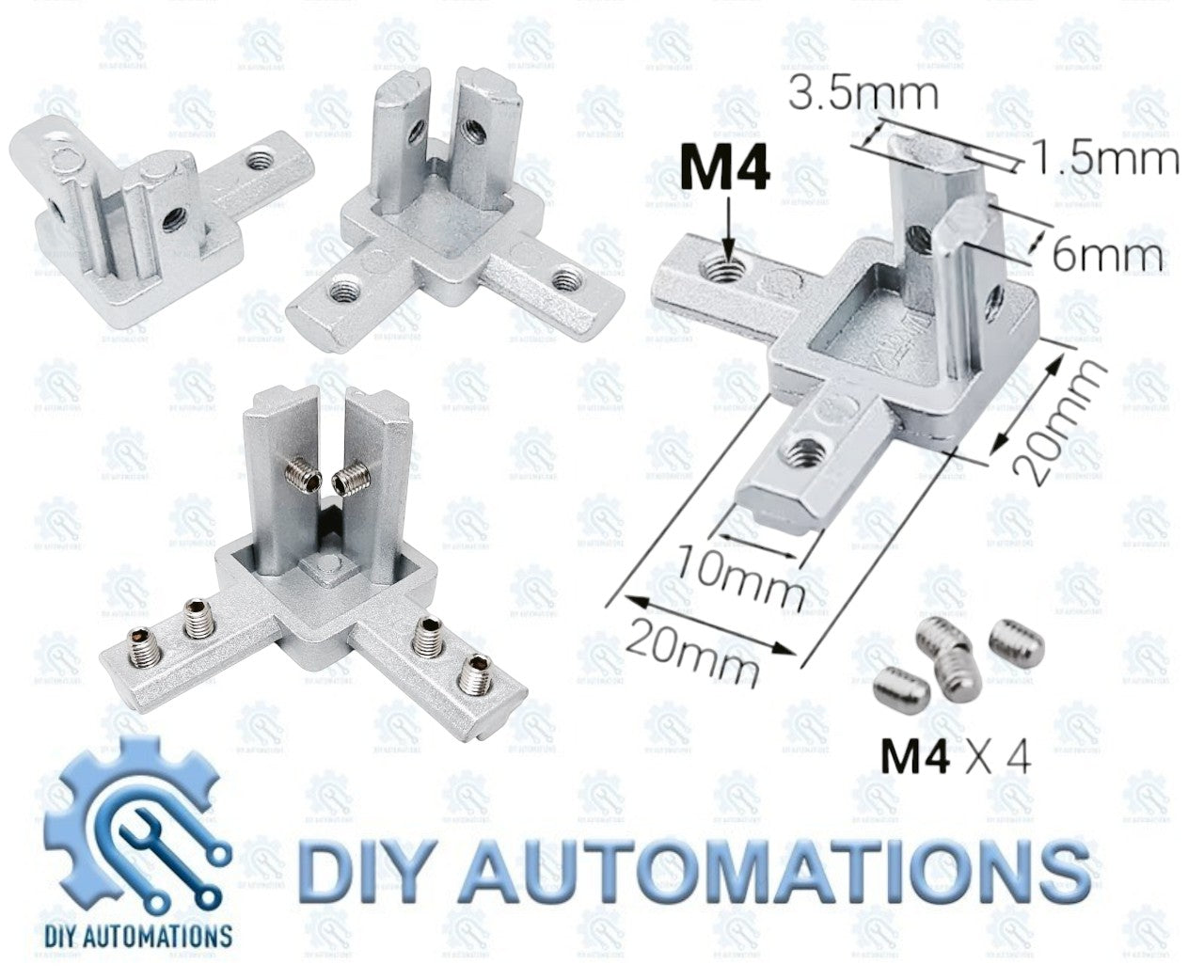 DIY AUTOMATIONS silver aluminum 3-way corner connector bracket for 20mm extrusions. Includes M4 screws.
