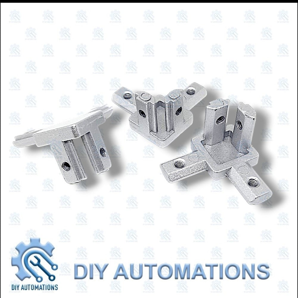 DIY AUTOMATIONS silver aluminum 3-way corner connector bracket for 20mm extrusions, ideal for DIY projects.