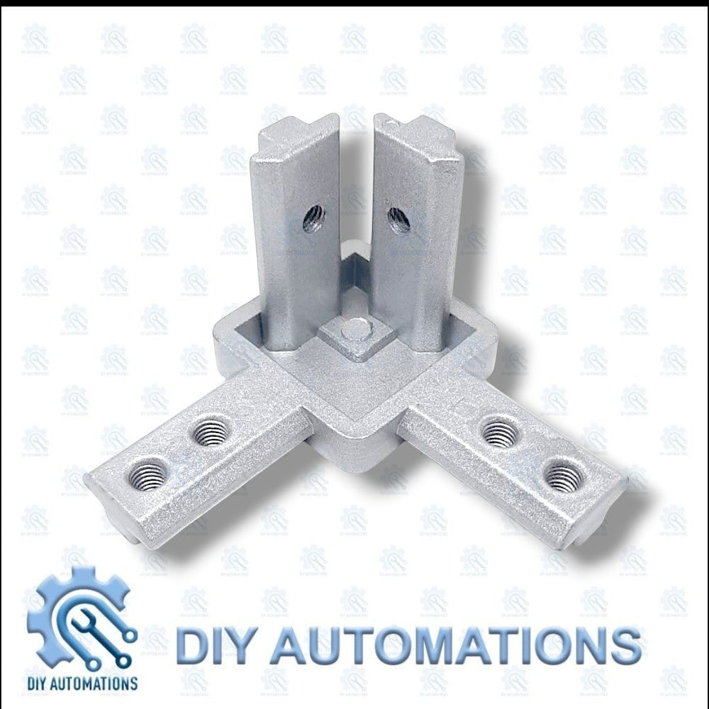 DIY AUTOMATIONS silver aluminum 3-way corner connector bracket for 20mm extrusions, 40x40 size.