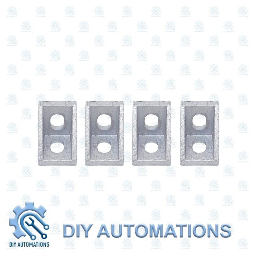 DIY Automations silver aluminum corner brackets for 20x20 modular framing. L-shaped with two holes for secure connections.