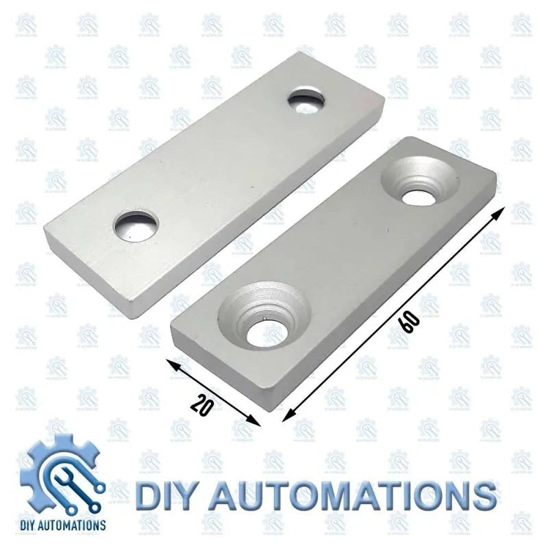 DIY Automations silver aluminum end head extrusion fitting, 20x60mm, with two countersunk holes.