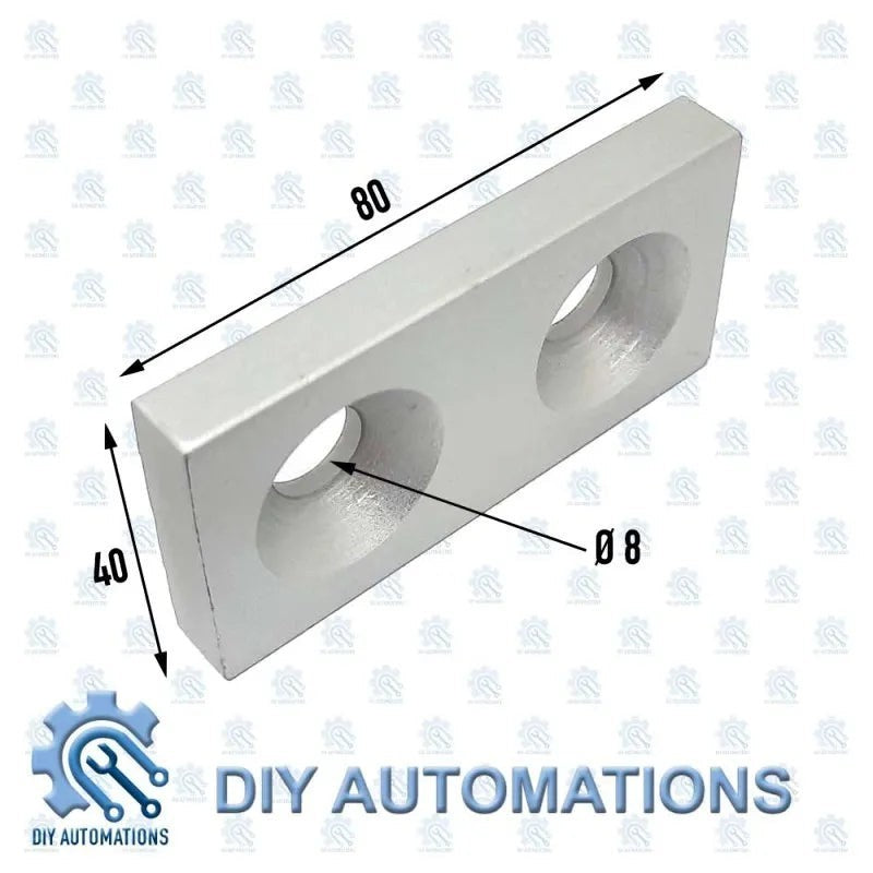 DIY Automations silver aluminum extrusion end head, 40x80mm, with two 8mm holes for industrial automation.