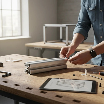 DIY AUTOMATIONS silver 40x40mm T-slot aluminum extrusion profile being assembled on a wooden workbench
