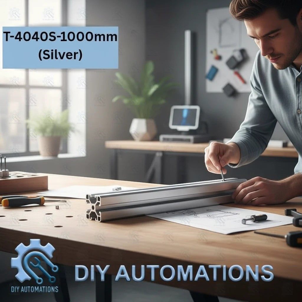 DIY AUTOMATIONS silver 4040 aluminum T-slot extrusion profile being assembled on a wooden workbench