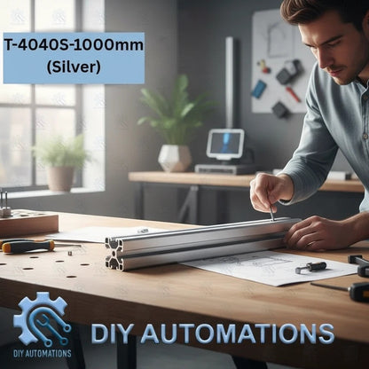 DIY AUTOMATIONS silver 4040 aluminum T-slot extrusion profile being assembled on a wooden workbench