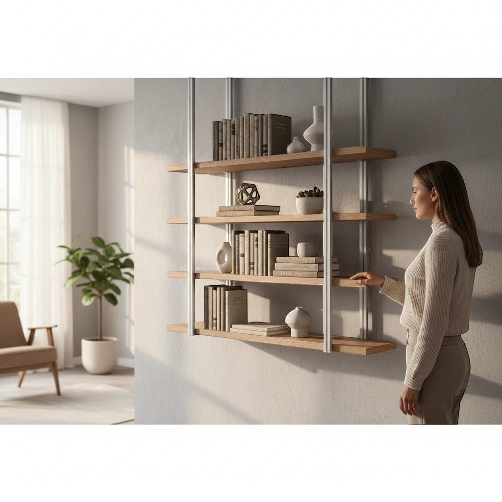 DIY AUTOMATIONS silver aluminum extrusion profile used as a modern wall-mounted shelving unit with wooden shelves.