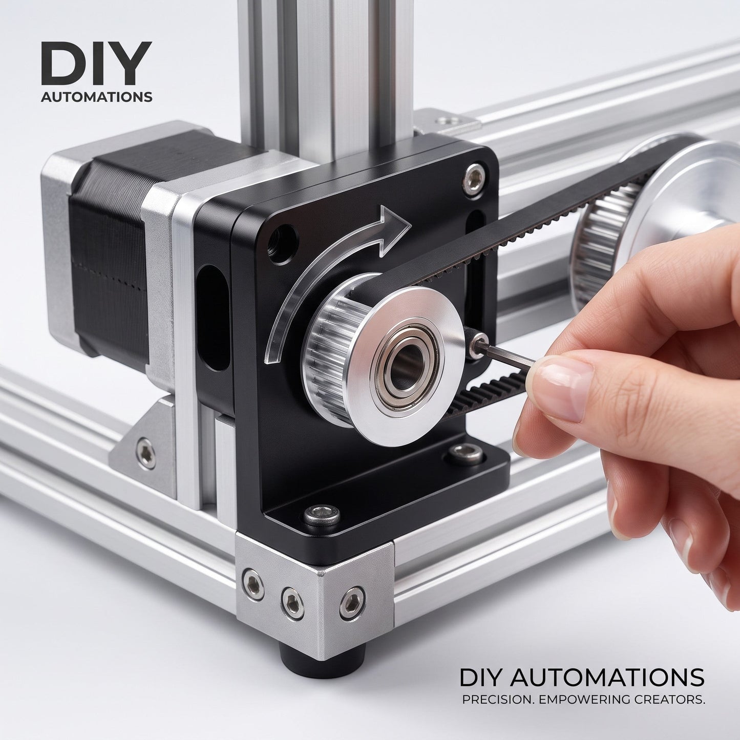 DIY AUTOMATIONS silver 20-tooth aluminum idler pulley installed on a 3D printer frame with a 6mm GT2 belt