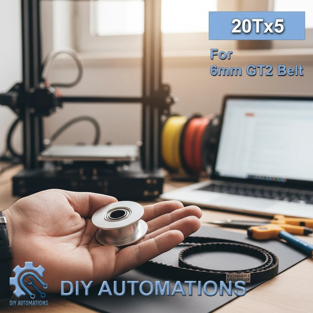 DIY AUTOMATIONS silver aluminum 20T idler pulley for 6mm GT2 timing belt held in hand near 3D printer