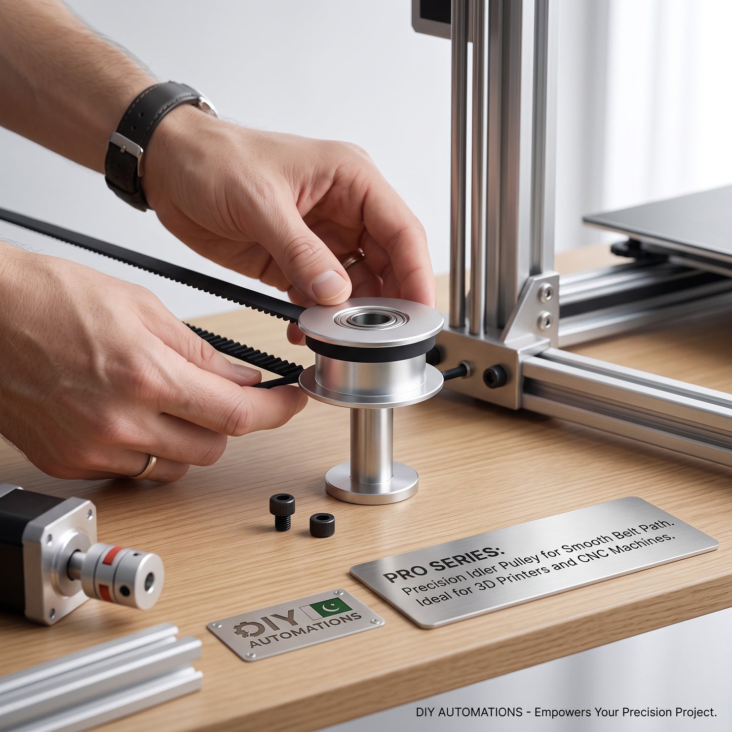 DIY AUTOMATIONS silver aluminum 20T idler pulley for 6mm GT2 belt being installed on a 3D printer frame