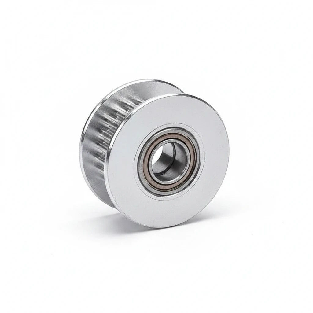 DIY AUTOMATIONS 20-tooth silver aluminum idler pulley with integrated bearing for 3D printer GT2 belt motion systems.