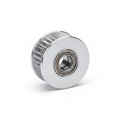 DIY AUTOMATIONS 20-tooth silver aluminum idler pulley with integrated bearing for 3D printer GT2 belt motion systems.