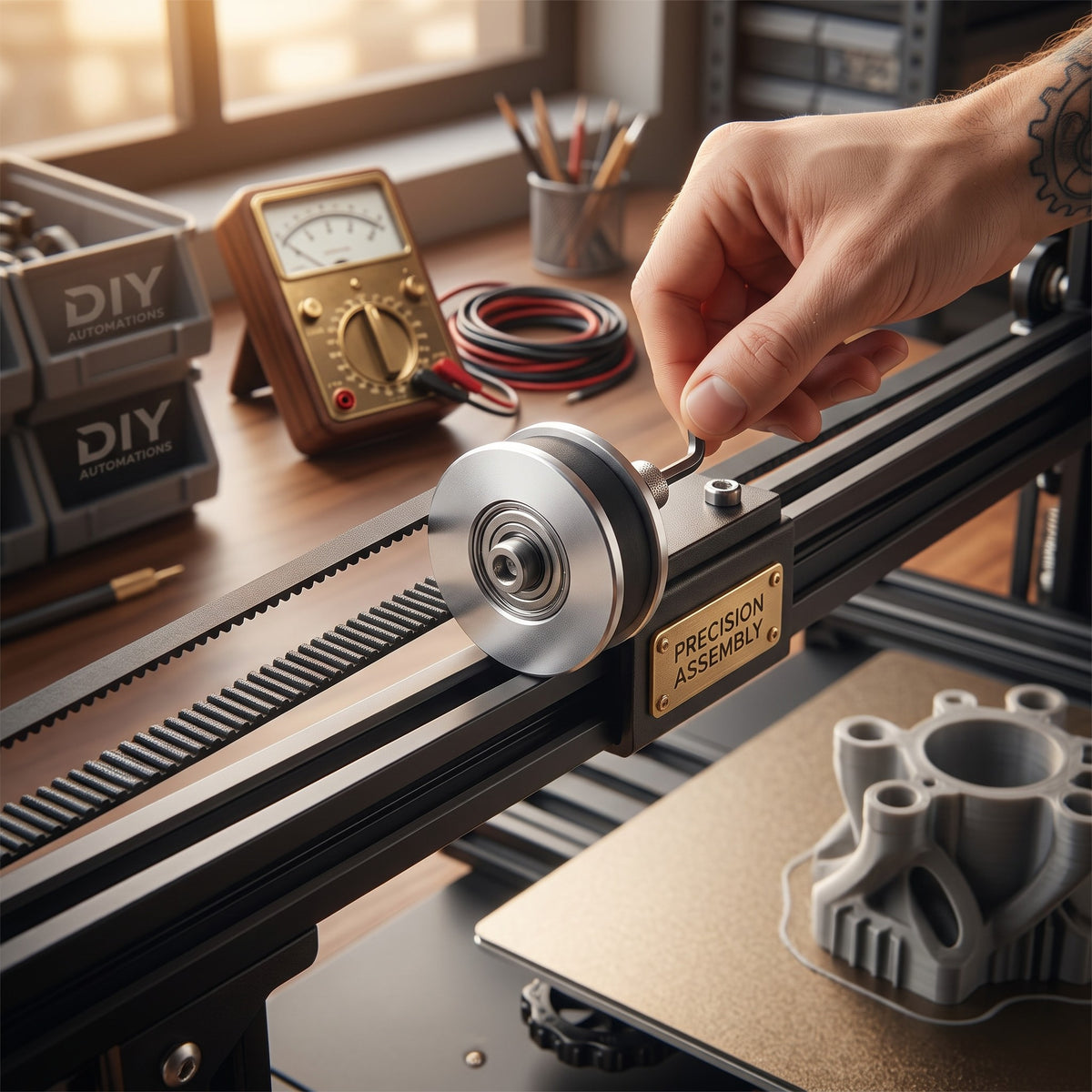 DIY AUTOMATIONS silver aluminum 20T idler pulley for 6mm GT2 belt being installed on a 3D printer assembly