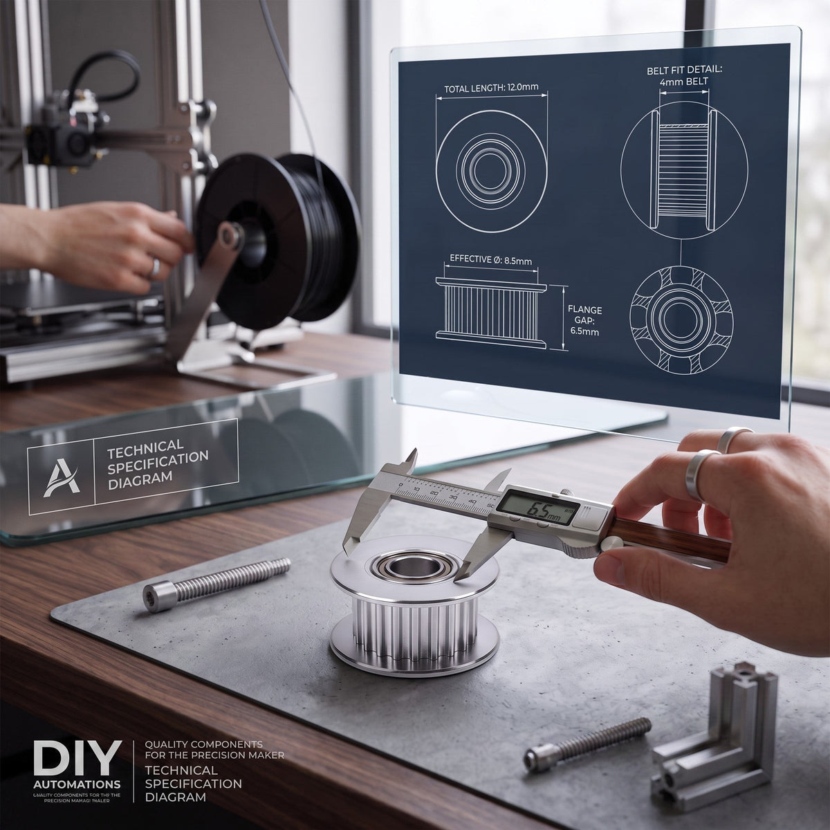 DIY AUTOMATIONS 20-tooth silver aluminum timing pulley for 6mm GT2 belts being measured with digital calipers.
