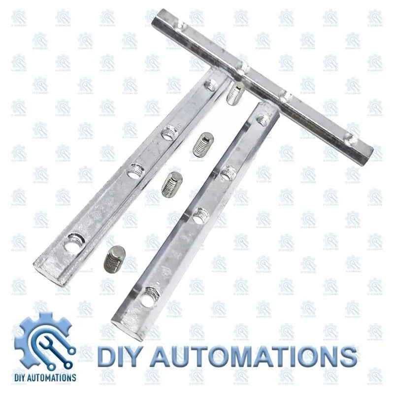 DIY Automations silver metal connector rod with M5 screws for extrusion fittings.