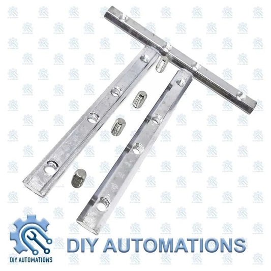 DIY Automations silver metal connector rod with M5 screws for extrusion fittings.
