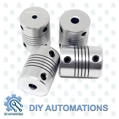 DIY Automations silver aluminum flexible coupling D19-25-3-5 with ribbed body and screw mounts.