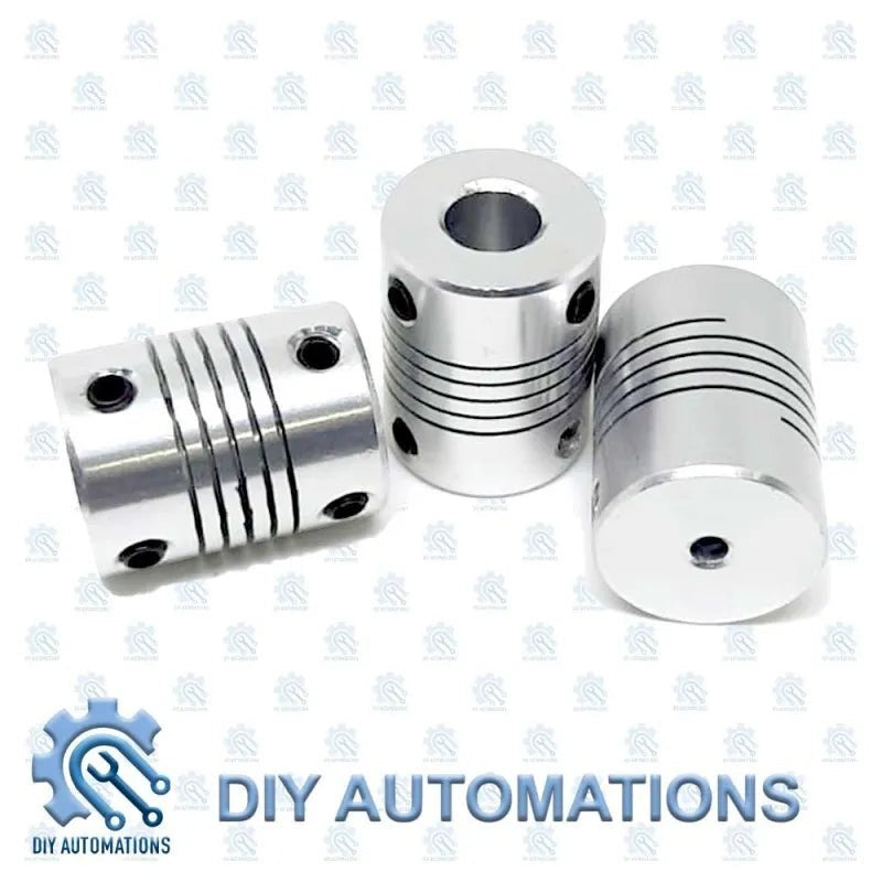 DIY Automations silver aluminum flexible coupling D19-25-3-8 with slotted design for connecting motor shafts.